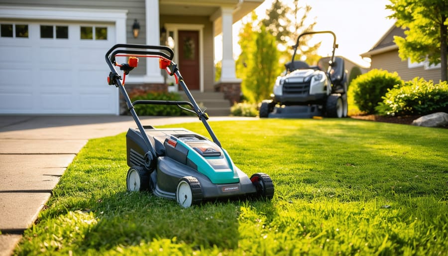 Battery-powered mulching mower and ergonomic string trimmer in sharp focus on a suburban lawn, with a worn gas mower blurred near a garage in the background, photographed at golden hour.
