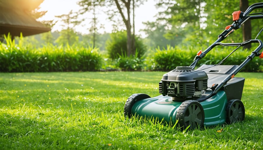 Person using manual reel mower on lawn with flowering plants and diverse vegetation