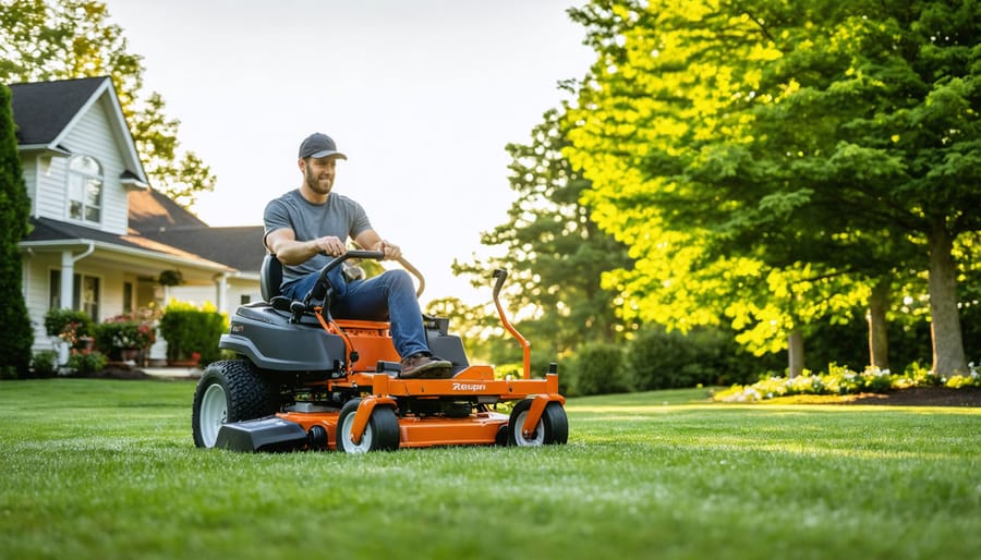 Three different riding lawn mowers displayed side by side on green lawn