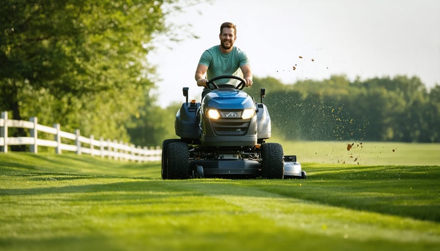 Riding lawn mower operating on sloped hillside terrain showing hill-handling capability