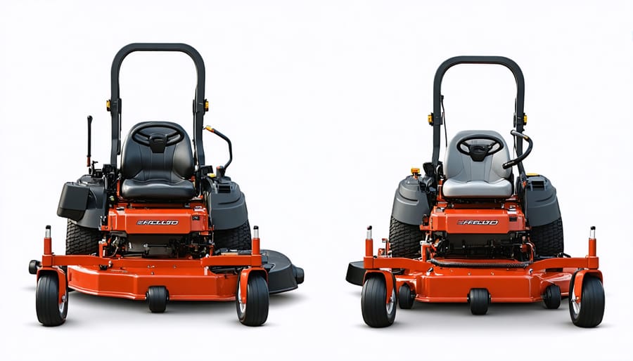 Traditional riding lawn mower and zero turn mower positioned side by side showing their different control systems