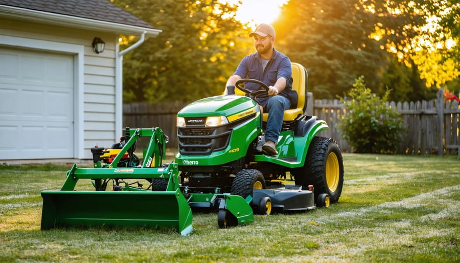 Riding lawn tractor with tow-behind plug aerator attached, with snow blade, dump cart, and broadcast spreader nearby in a suburban backyard at golden hour, showcasing year-round versatility.