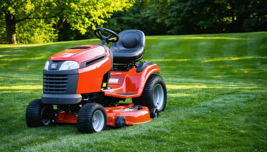 Riding lawn tractor surrounded by various attachments and accessories on green lawn