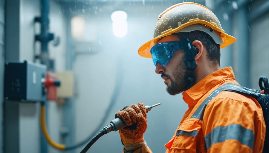 Gloved hands safely connecting battery cable to lawn mower battery terminal