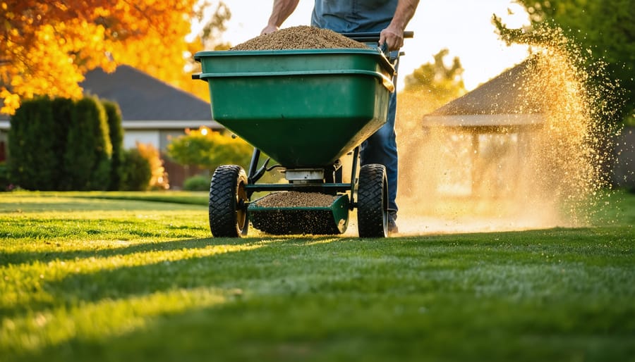 Person pushing a broadcast spreader to apply granular fertilizer on a vibrant green cool-season lawn at golden hour, with visible flying granules and softly blurred trees showing early fall colors in the background.