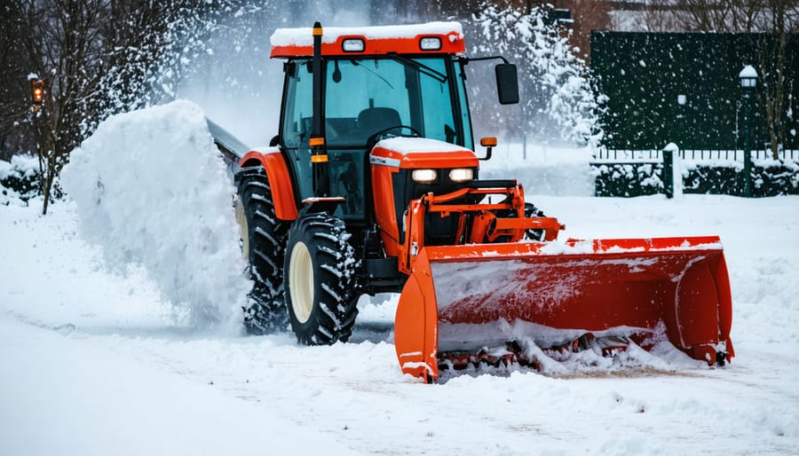 Riding lawn tractor with snow blade clearing driveway in winter conditions