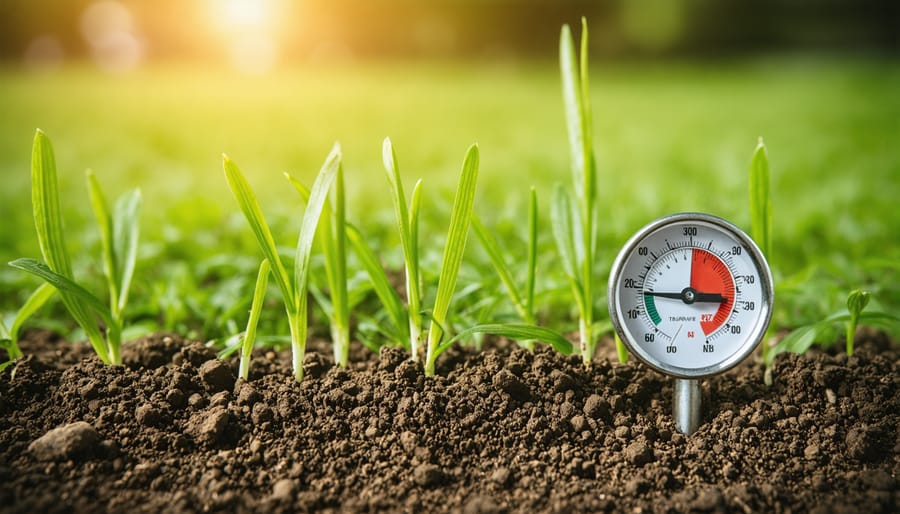 Soil thermometer inserted in dark earth measuring ground temperature for lawn seeding