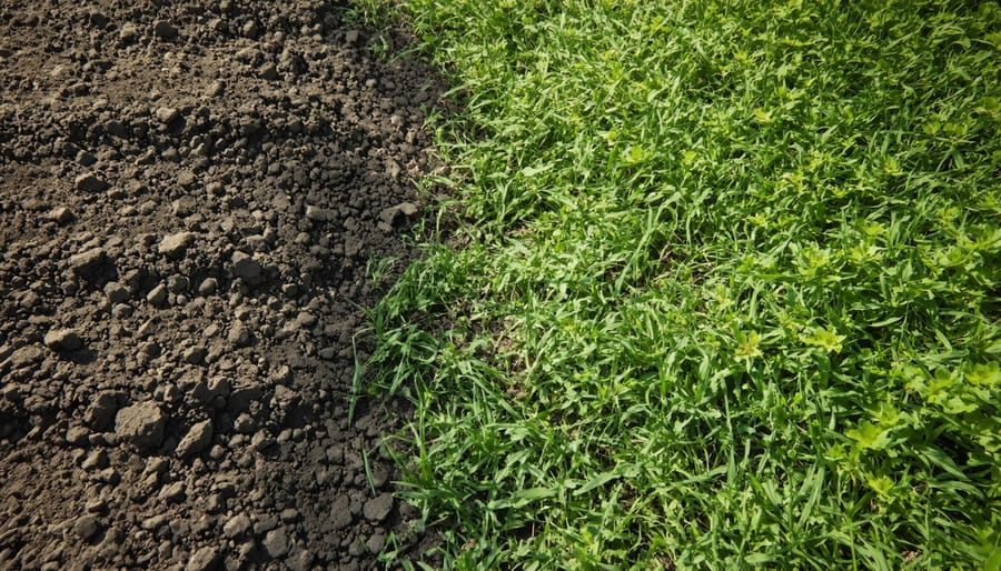 Gardener's hands holding soil sample above soil testing kit for lawn preparation