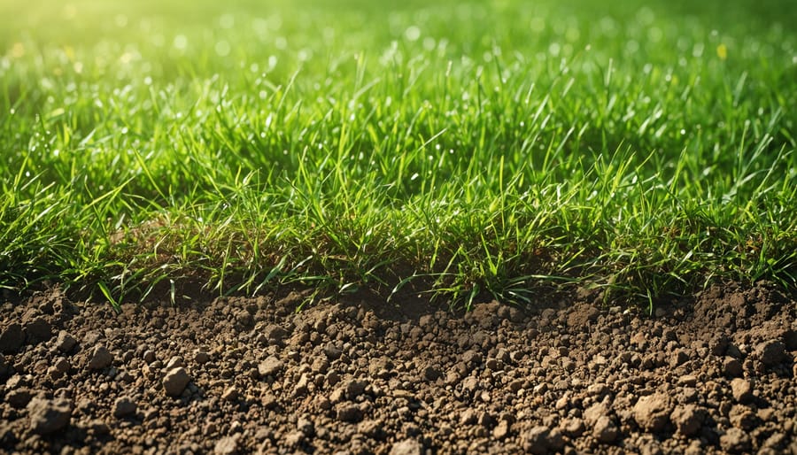Hands holding jar with soil sample and trowel for lawn testing