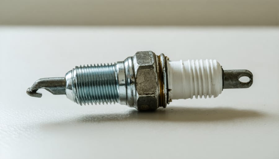 Close-up of dirty spark plug with carbon deposits held in hand