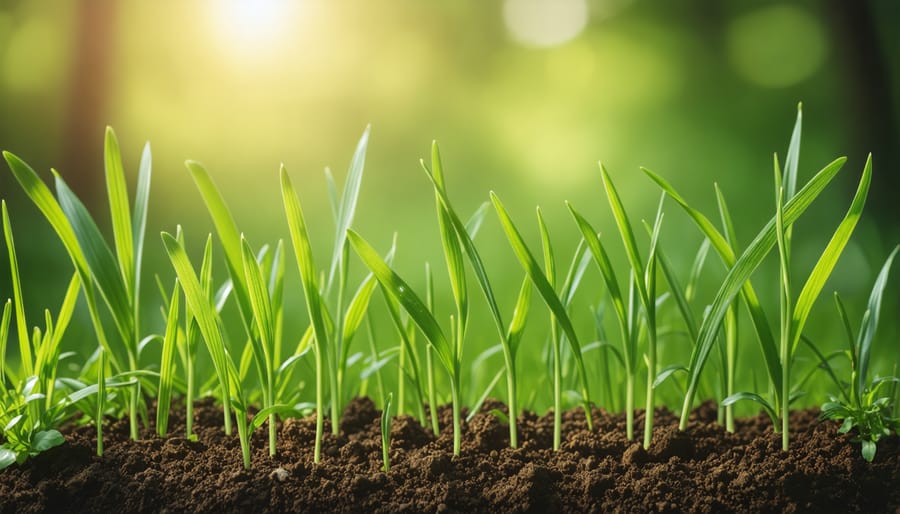 Close-up of new grass blades growing from dark organic soil with visible earthworm castings