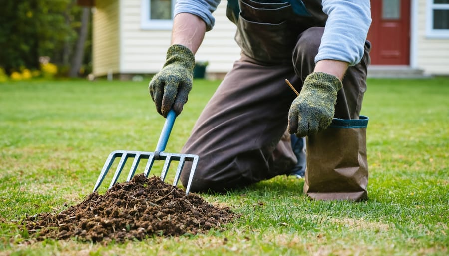 Homeowner kneeling on an early-spring lawn lifting matted brown grass with a gloved hand, a rake and seed bag nearby, suburban house and leafless trees softly blurred in the background.