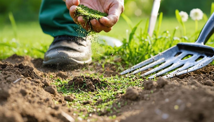 Gardener’s hands spreading grass seed over a freshly raked bare spot in a lawn, with a rake and watering can nearby and blurred dandelions in the background under soft spring light.