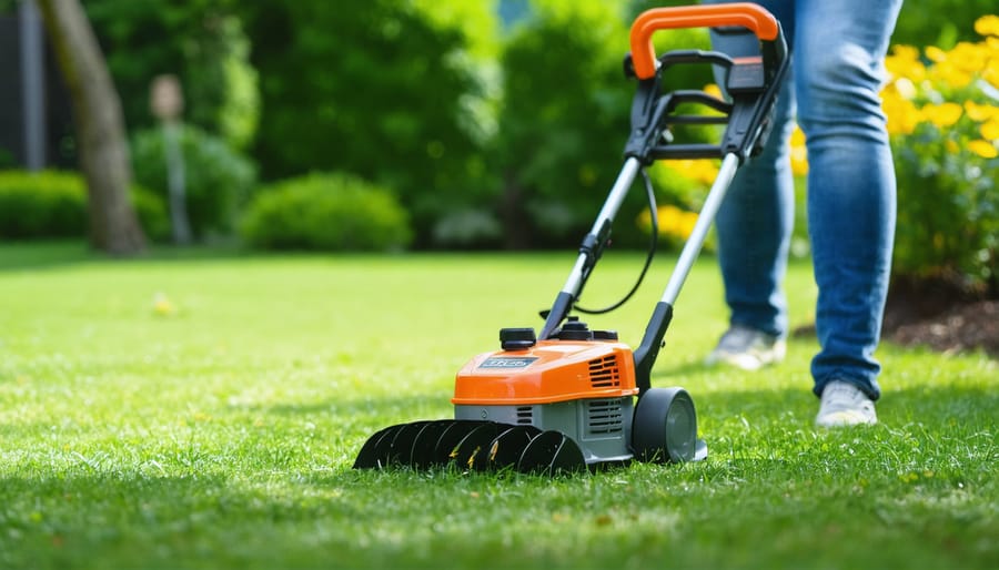 Person using string trimmer to edge lawn along brick patio with another trimmer visible