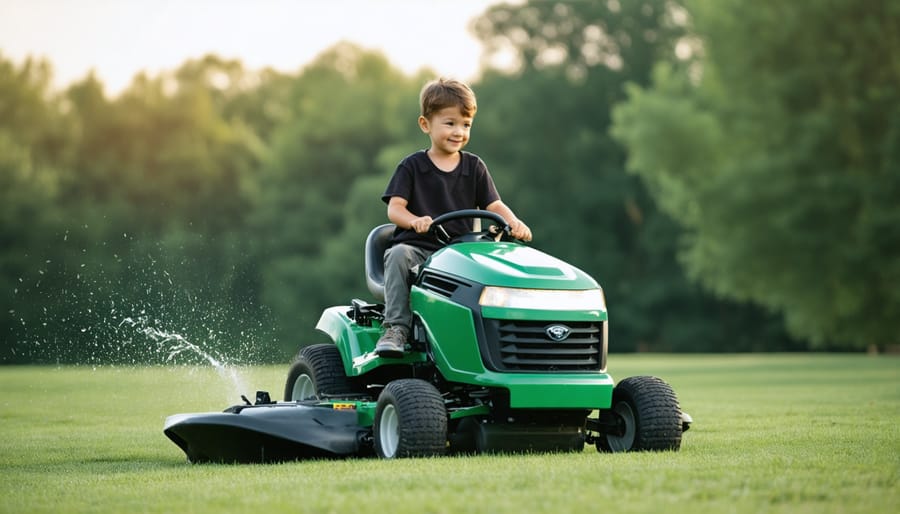 Parent supervising teenage boy learning to operate riding lawn mower with safety equipment