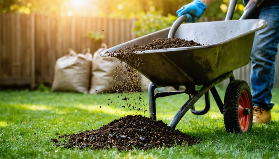 Close-up of a person spreading dark, crumbly compost from a shovel onto a vibrant green lawn at golden hour, with a wheelbarrow and plain bags softly blurred behind.