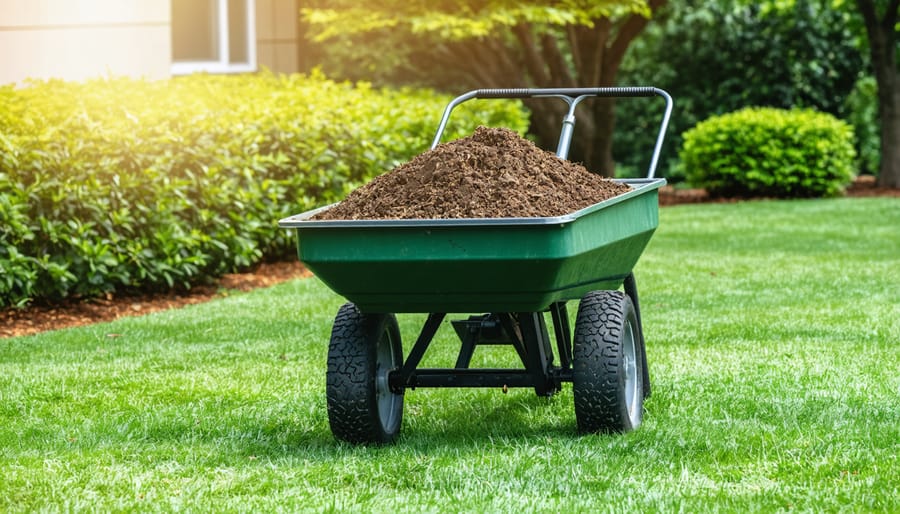 Riding lawn tractor pulling loaded dump cart on residential property