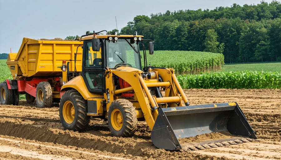 John Deere compact tractor front loader with extended hydraulic cylinders lifting soil