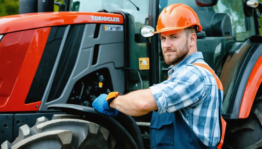 Farmer performing routine maintenance inspection on John Deere compact tractor