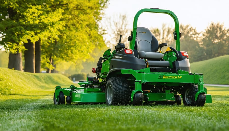Side-by-side comparison of traditional steering wheel riding mower and zero-turn mower with dual levers