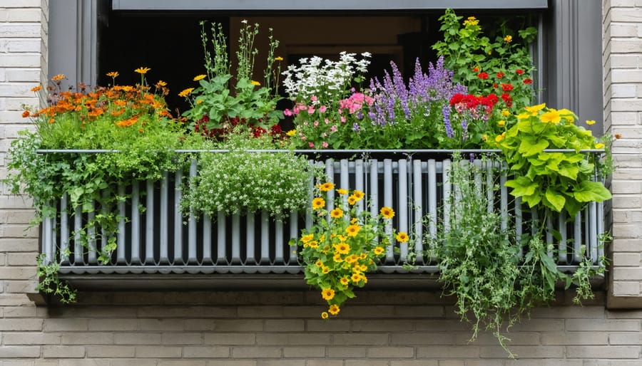 Overhead view of container pollinator garden on urban balcony with native flowers and bees