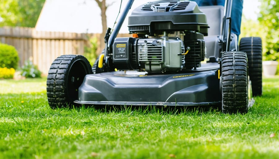 Close-up from above of a walk-behind lawn mower showing a vertical-shaft engine mounted over the cutting deck on a green lawn, with the background yard softly blurred.