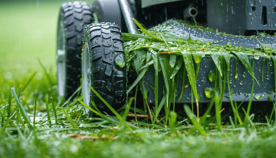 Ground-level close-up of a lawn mower blade under the deck covered in wet, clumped grass and water droplets, with a blurred soggy lawn and suburban yard in the background.