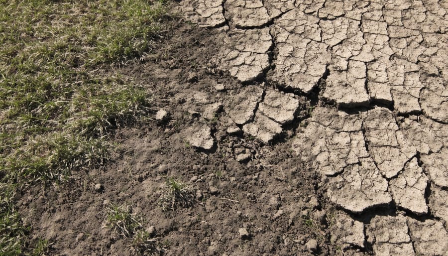 Close-up view of winter-damaged lawn showing brown patches and compacted soil