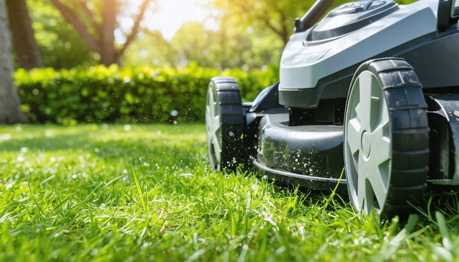 Low-angle close-up of a cordless electric lawn mower showing X-shaped blades while mowing, with fine clippings and a softly blurred green yard and trees in the background.