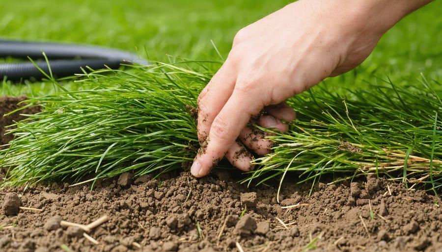 Hand pressing into moist topsoil next to newly laid sod with mixed green and yellow grass blades; blurred hose and sprinkler in the backyard background.