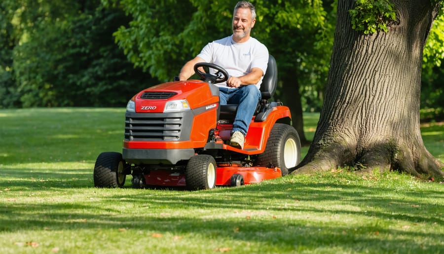 Overhead view of zero turn mower making tight circular turn around tree in residential lawn