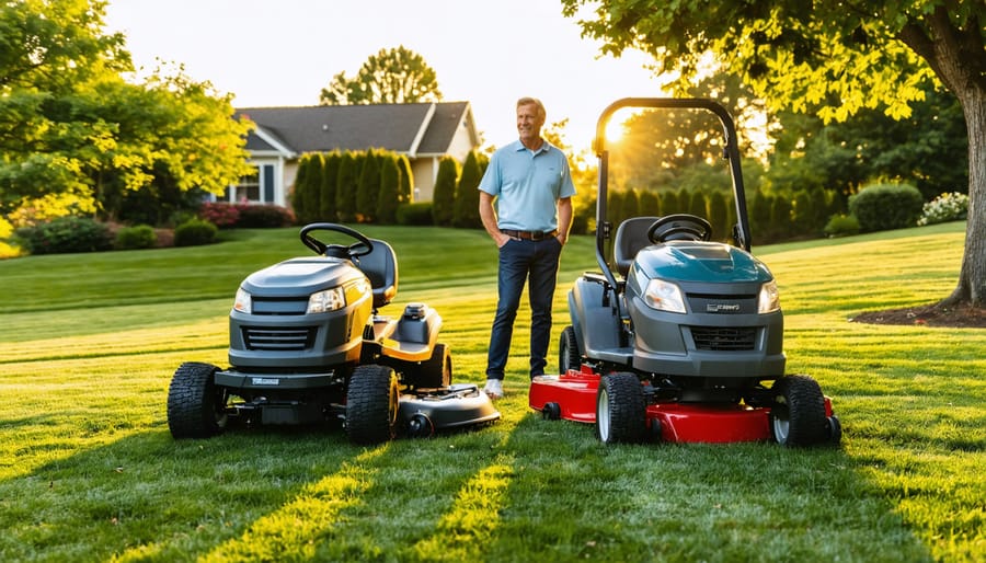 Homeowner standing between a zero-turn mower and a traditional riding lawn mower on a freshly cut suburban lawn at golden hour, with flower beds, trees, and a gentle slope in the background.