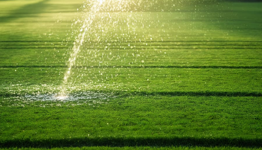 Sprinkler system watering zoysia lawn in early morning with visible water droplets