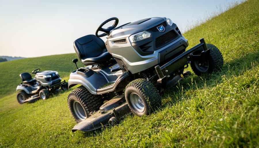 4x4 riding lawn mower climbing steep grassy hill showing superior traction