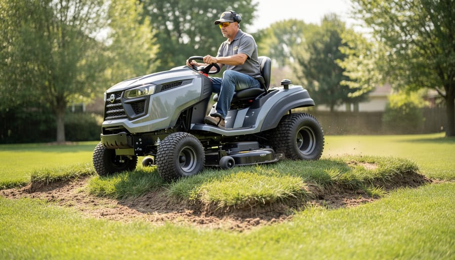Riding lawn mower navigating rough uneven terrain near trees and landscape features