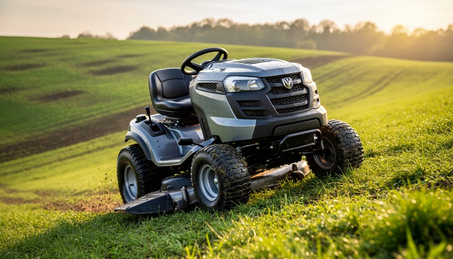Unbranded 4x4 riding lawn mower with deep-tread tires climbing a damp grassy hill at golden hour, with intact turf and rolling slopes softly blurred in the background.