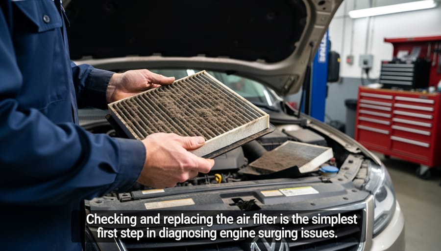 Hands removing dirty air filter from riding lawn mower engine for inspection