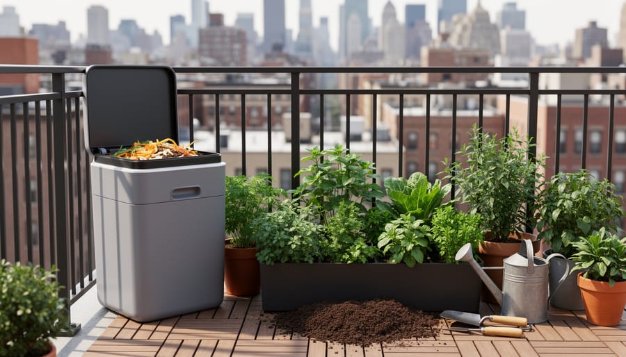 Small black compost tumbler on urban apartment balcony with city buildings in background