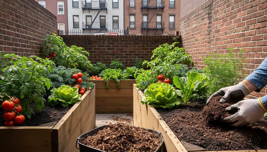Gardener spreading dark compost over raised bed vegetable garden in urban setting