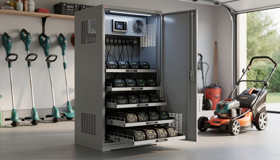Open battery charging cabinet showing organized rows of cordless tool batteries on ventilated shelves