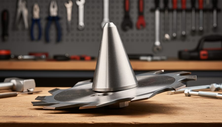 Mower blade mounted on cone balancer showing weight distribution