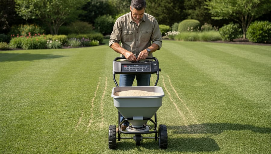 Overhead view of person using broadcast spreader to apply grass seed to lawn
