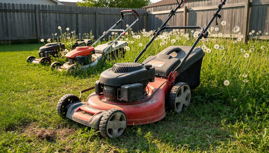 Broken lawn mower with damaged parts abandoned in overgrown grass