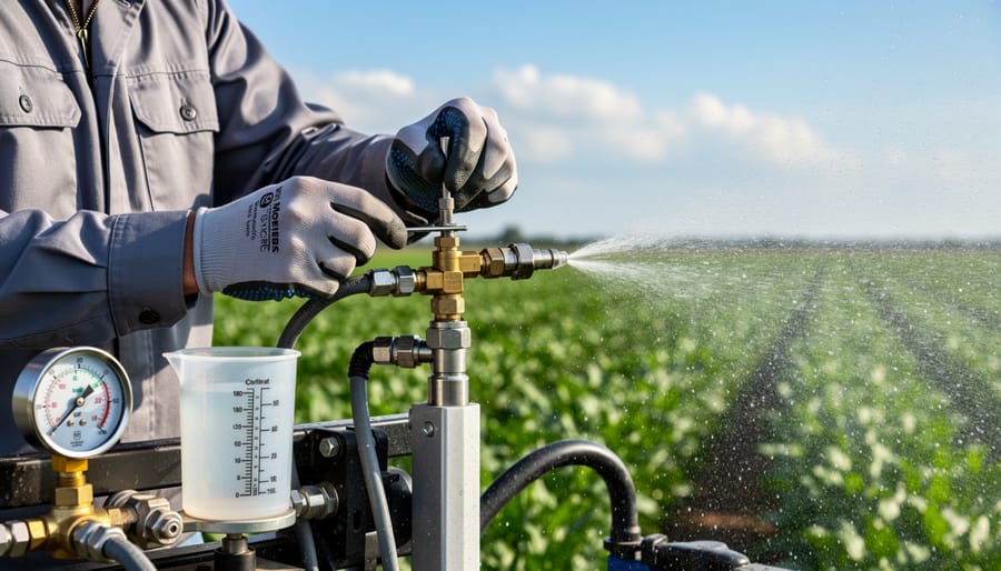 Lawn care professional's hands adjusting spray nozzle during Z-Spray calibration process