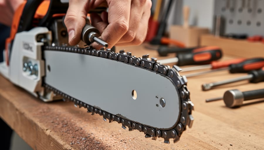 Chainsaw guide bar and chain showing contact surfaces and lubrication system