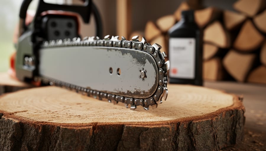 Macro close-up of a sharpened chainsaw chain tooth on the guide bar against a log’s end grain, highlighting the clean bevel and depth gauge, with soft daylight and a blurred workshop background of bar body, oil bottle, and stacked firewood.