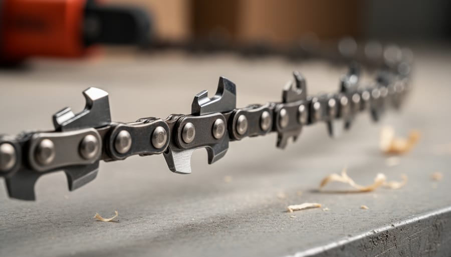 Close-up macro view of chainsaw chain teeth showing cutting angles and tooth geometry
