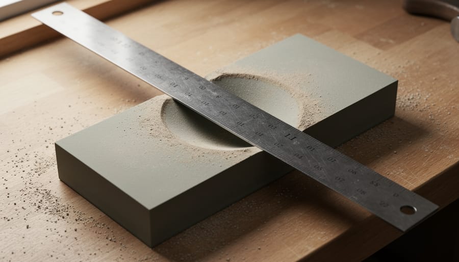 Metal straightedge placed on sharpening stone showing uneven dished surface