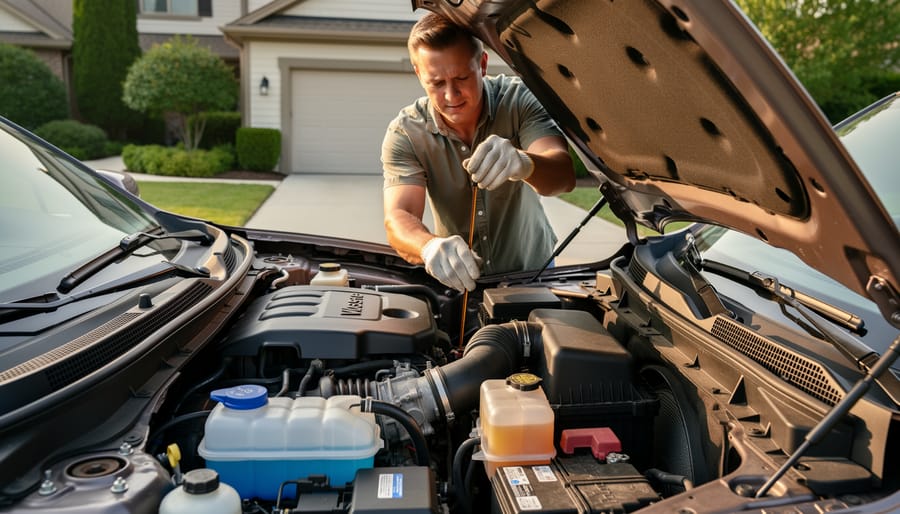 Close-up of person checking oil level on compact tractor engine with dipstick