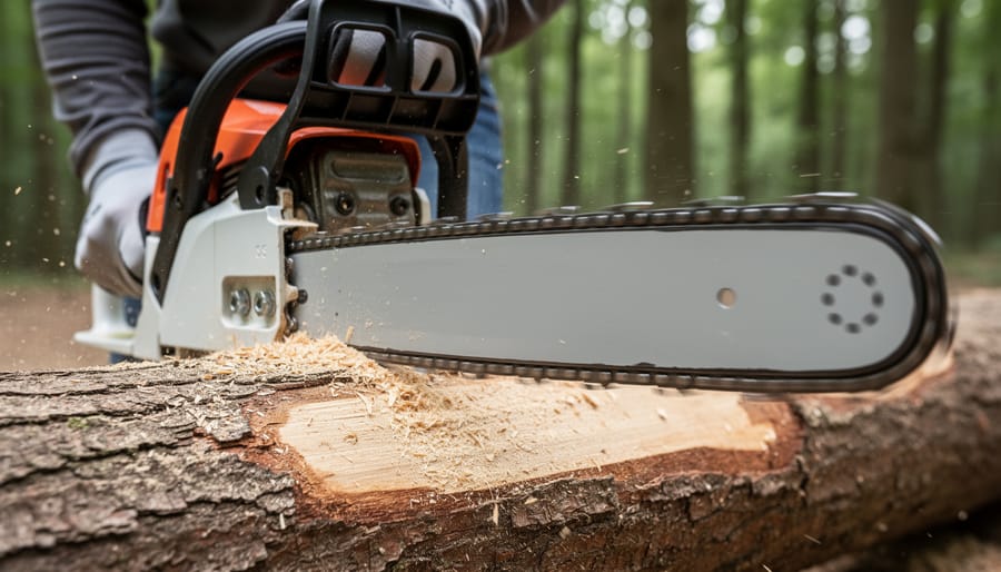 Clean smooth cut through wood log showing results of properly sharpened chainsaw chain